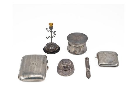 Silver vesta case, along with a silver cigarette case, modern silver jockey cap, silver pencil holder, silver ring holder and