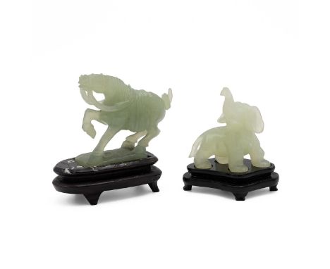 Jade figure of an elephant and a horse, two carved figures both with wooden bases, H8cm