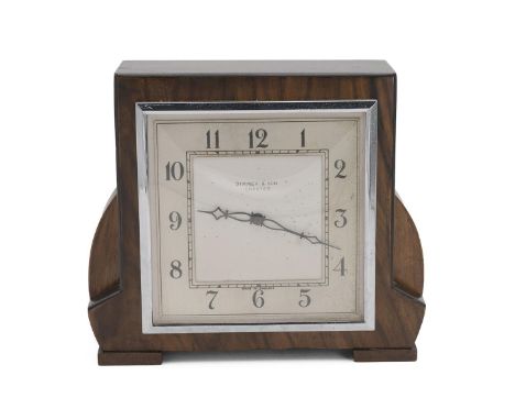 Art Deco walnut mantle clock, with a chrome outline to face, retailed by Dimmer &amp; Son, Chester.