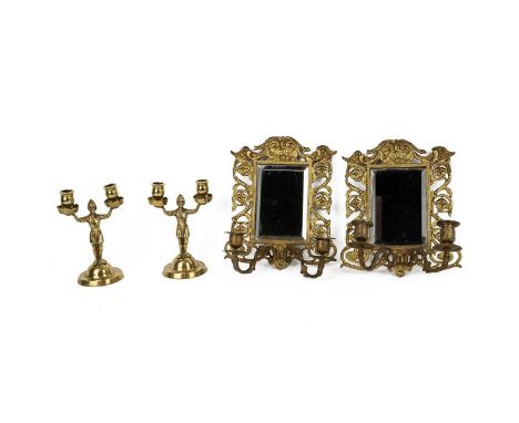 Pair of brass framed mirror wall sconces, each with two candle holders (27cm x 22cm) and a pair of novelty brass candlesticks