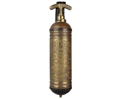 Vintage brass Desmo fire extinguisher, mounted on black metal stand.