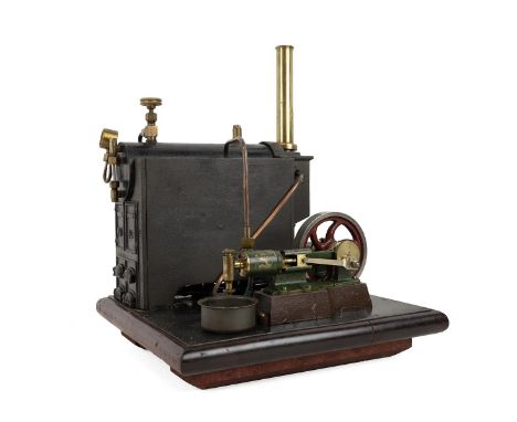 Bassett-Loake live steam horizontal stationary engine and boiler in original wooden box. Boiler approx 6cm diameter x 18cm lo