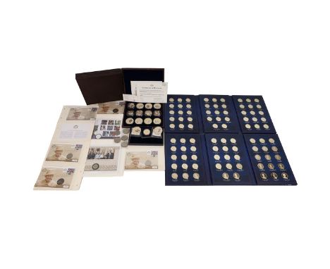 Collection of modern base metal coinage and stamp covers, including two complete US Presidents sets from the Windsor Mint, a 