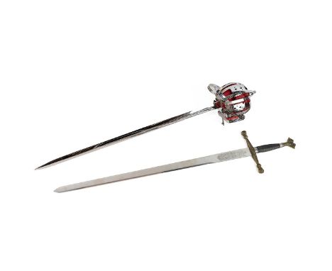Two decorative swords- Carlos V two handed sword, bronze with wire wrap handle, length 104cm; Scottish basket hilt broadsword