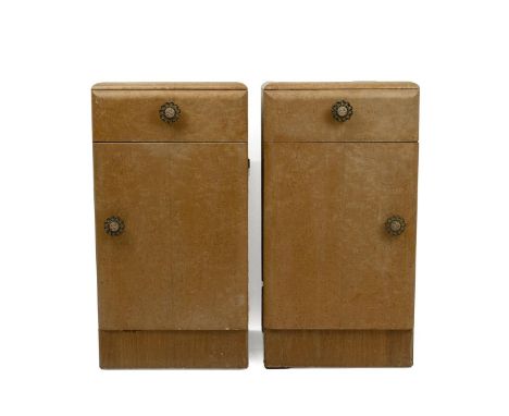 Pair of Art Deco burr maple bedside cabinets. Upper drawer and cupboard underneath with fixed shelf. Each W 35cm, D 33cm, H 6
