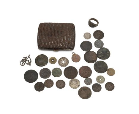 Collection of miscellaneous coins, including some silver examples, along with a ring, possible Roman.