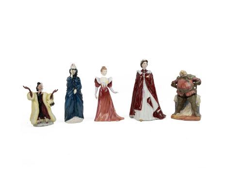 Royal Doulton figurines: Falstaff figurine - HN2054, boxed Cruella de Vil, and 'Masque'; together with a Royal Worcester figu
