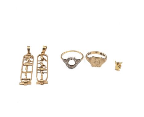9ct gold signet ring, a pair of unmarked of bunny earrings, tested as 9ct, 3.56 grams, along with two Egyptian pendants, test