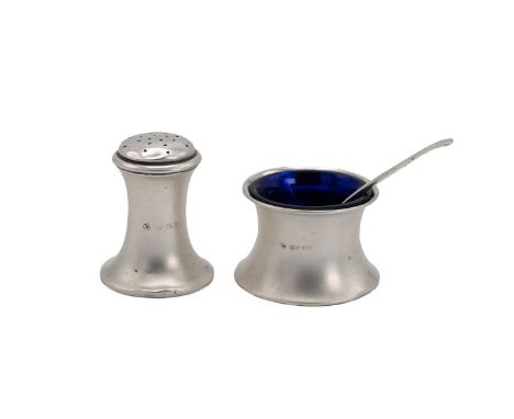 Silver pepperette and mustard with blue glass liner, William Aitken, Birmingham 1916, along with a silver mustard spoon, 31.9