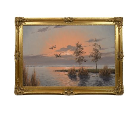 Gien Brouwer (b 1944 as G Van de Velde, Dutch) ducks in flight over a marsh landscape at sunset, oil on canvas in ornate gilt