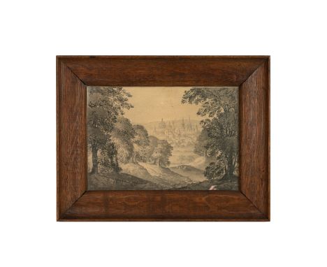 Unsigned but accomplished pen and ink sketch of Oxford, dated May 1833, from a wooded hill. Framed and glazed. Mouth opening 