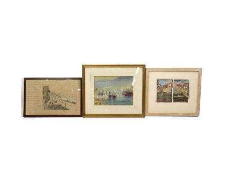 Indistinctly signed early 20th century watercolour of&nbsp; a continental city river scene; and instinctly signed diptych tit