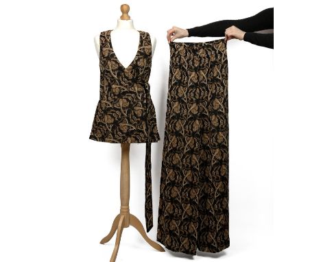 Biba two-piece (trousers and top) black brown tapestry, the top with wrap around belt.