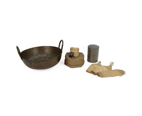 Sri Lankan two handled brass bowl (40cm diameter); Chinese Swatow pewter tea caddy (H 16cm);&nbsp;2 x Malaysian six sided bas