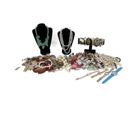 A collection of costume jewellery including necklaces, bangles, watches, earrings, Cinnabar bangle etc.