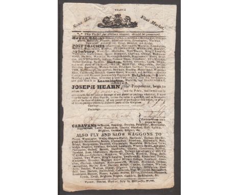 Great Britain - 1827 Coaching/Mail Coaches  Early Ticket for Hire of Royal Mail Coaches, Post Coaches, Caravans, also Fly and
