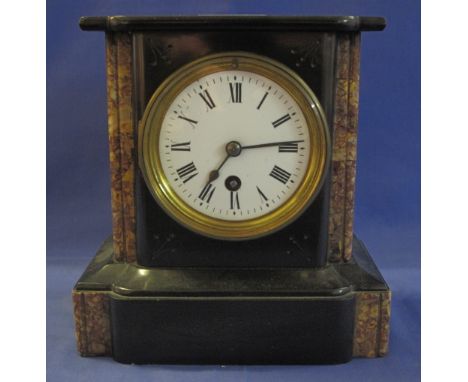 19th Century black slate and marble mantel clock with white enamel face and French brass drum movement.(B.P. 24% incl. VAT)  