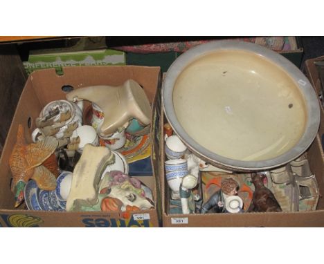 Two boxes of assorted china to include: Art Deco floral four section wall pocket; various baluster jugs and floral jugs; blue