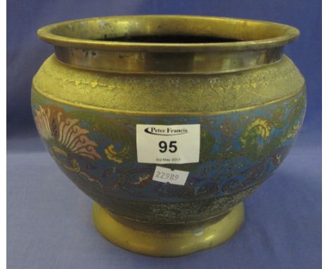 Eastern brass baluster shaped jardiniere with champ-leve enamel foliate decoration.  Unmarked.(B.P. 24% incl. VAT)
