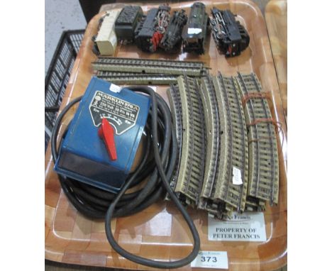 Tray of vintage 00 gauge trains and accessories to include: Marklin German transformer; tinplate track; locomotives and tende
