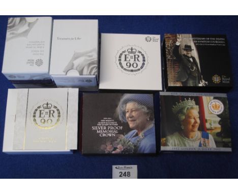 Box of assorted silver proof coins to include: 2002, Her Majesty the Queen Golden Jubilee £5 coin, boxed; the first birthday 