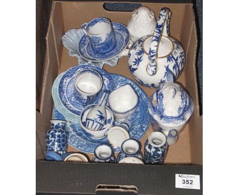 Tray of assorted blue and white items to include: teapots; miniature baluster and other vases; Spode 'Italian' coffee can and