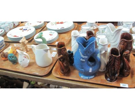 Tray of assorted Dartmouth Pottery Glug jugs including: Plymouth Gin of the West, together with a tray of assorted china to i