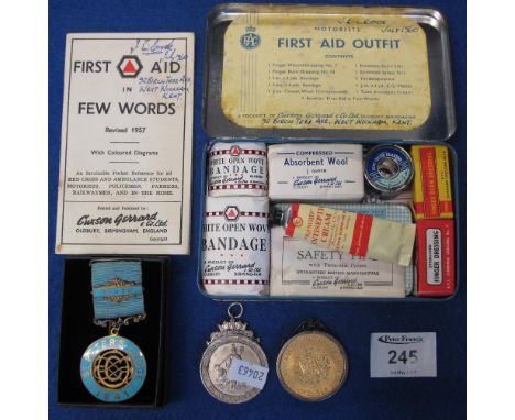 Motorists RAC First Aid tin with contents and booklet, St. Peter's Lodge, 1841, no. 476 enamel badge and ribbon, together wit