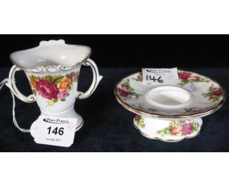 Royal Albert 'Old Country Roses' rimmed candlestick together with 'Cottage Rose' bone china two handled vase. (2)(B.P. 24% in