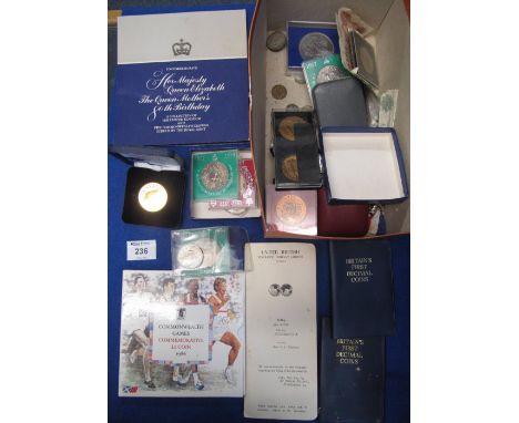 Box of assorted coins and collectables to include: Britain's First Decimal Coin Set; Commonwealth Games Commemorative £2 coin