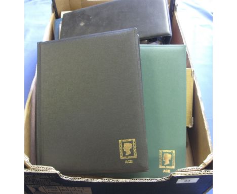 Box of empty first day cover stamp albums and two Ace stockbooks.