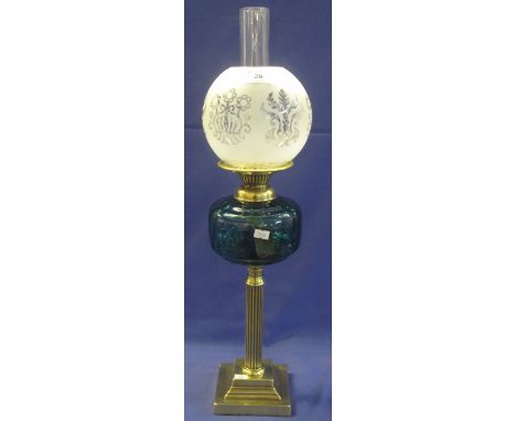 Early 20th Century brass single burner oil lamp with glass reservoir on brass pedestal stepped base, etched glass shade and c