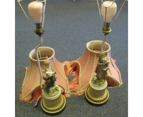 Pair of ceramic figural table lamps with tasseled fabric shades, wired for electricity. (2)(B.P. 24% incl. VAT)