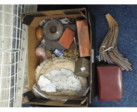 Box of assorted miscellaneous to include: specimen eggs; lace ware; Vesta case; ornamental eggs; teapot; cigarette cases; lig