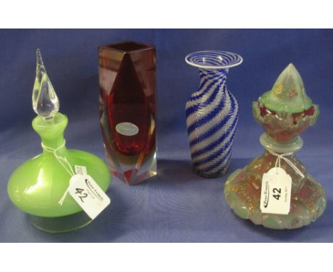 Ribbed and wrythen decorated baluster shaped spiral vase, a red glass Murano geometric vase, a Victorian enamelled Gothic des