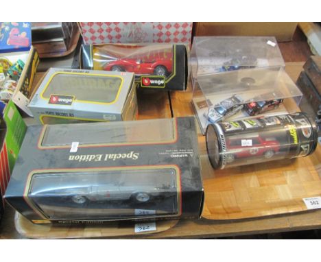 Two trays of assorted boxed diecast model vehicles to include: Maisto Special Edition Porsche 550A Spyder; Bburago Ferrari Te