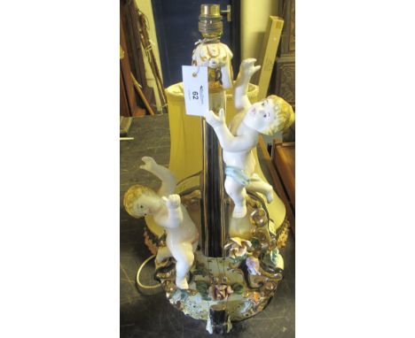 Large Italian pottery lamp base, designed as a cello with flowers and cherubs, wired for electricity, with fabric shade.(B.P.