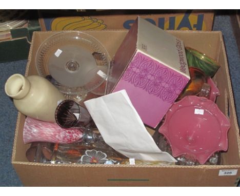 Box of assorted glassware to include: ruby flash cut style conical vase; fruit bowls; pedestal cake stand; various decanter s