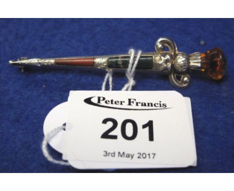 Sterling silver Scottish design thistle dirk brooch with inset specimen stones and finial.(B.P. 24% incl. VAT)