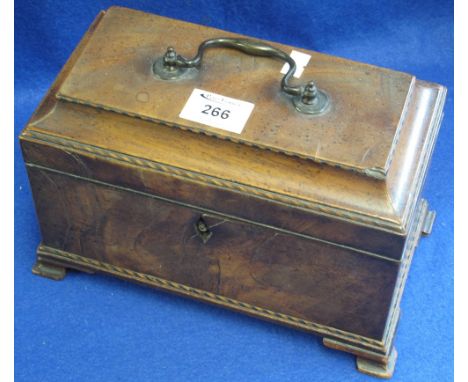 19th Century mahogany inlaid three section tea caddy with brass carrying handle.(B.P. 24% incl. VAT)