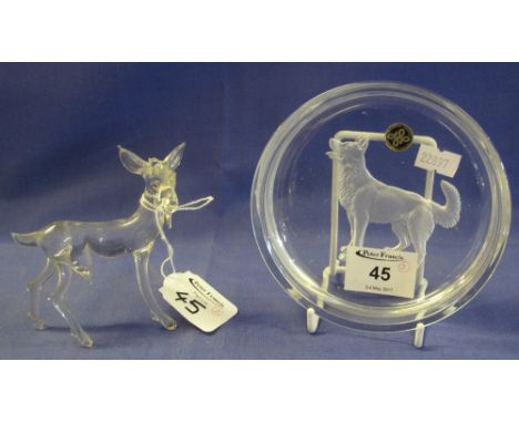 Japanese lead crystal glass intaglio dish decorated with Alsatian dog, together with a moulded glass nanny goat. (2)(B.P. 24%