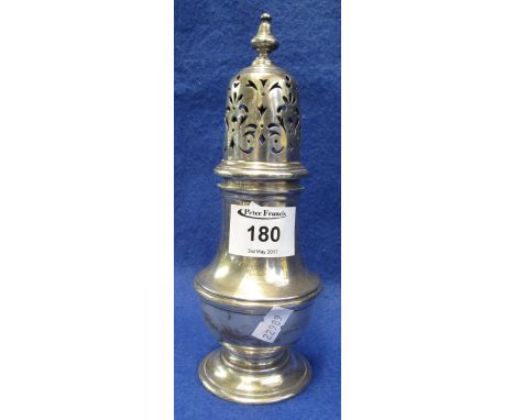 Silver pierced caster raised on circular pedestal base, London hallmarks, makers initials: R.C.(B.P. 24% incl. VAT)   CONDITI