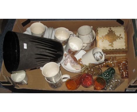 Tray of assorted china and glass to include: various commemorative mugs; three section snack tray; coloured glass and enamel 