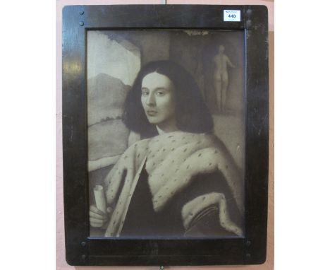 'The Young Prince', a sepia type print in Liberty and Co. stained wooden frame. Labelled verso. Frame overall - 60 x 47cm app