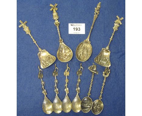 Collection of white metal caddy and coffee spoons, Continental, probably Dutch, with windmill design terminals, floral and in