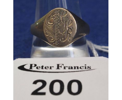 9ct gold, engraved signet ring with initials and scroll detail, 5.1g approx.(B.P. 24% incl. VAT)