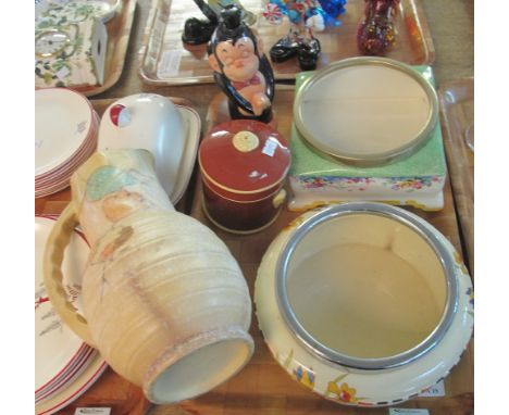 Tray of assorted china to include: Art Deco baluster single handled, ribbed jug; Hanley and Coronet ware Art Deco fruit bowls