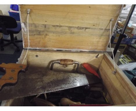 A Wooden Tool Box and Contents.
