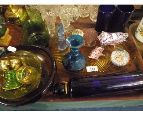 A Tray of Coloured Glassware to Include Rolling Pin, Stourbridge Pigs, Millefiori Paperweight Etc. 