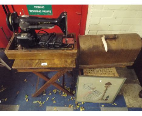 A Singer Sewing Machine Stool, Folding Table And Tapestry. 